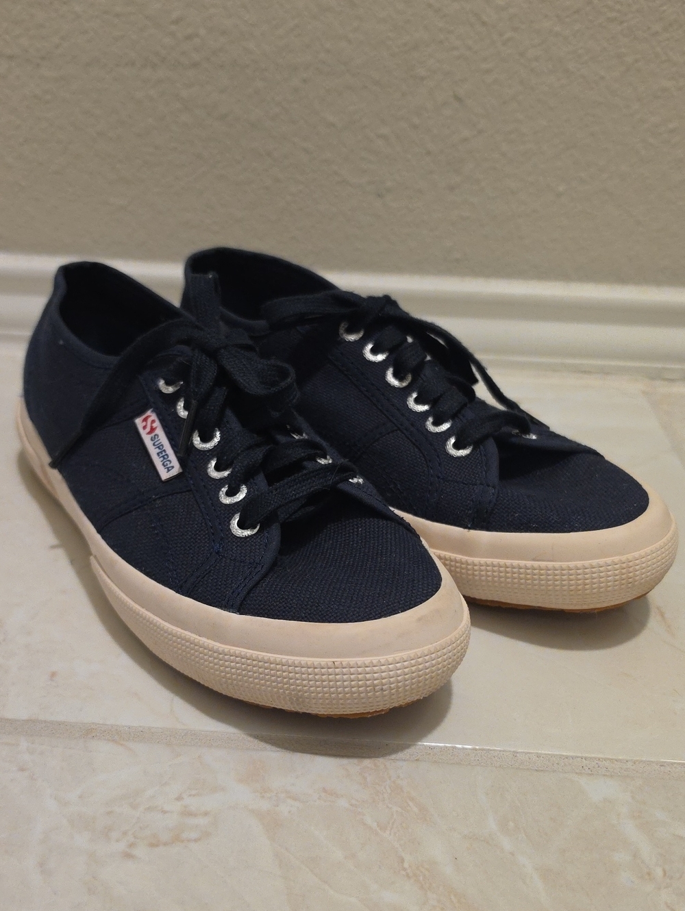 Superga Navy Canvas Low-Top Sneakers with Cream Sole